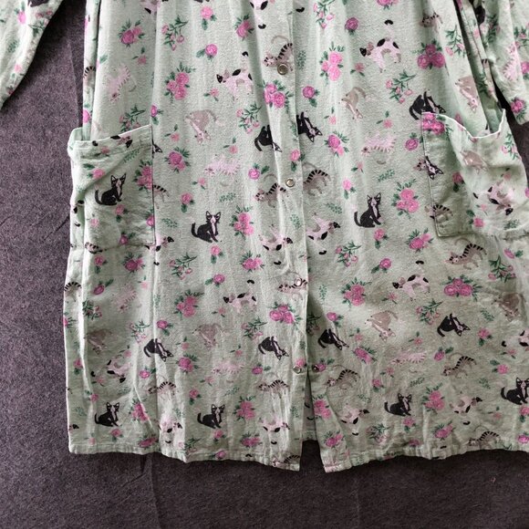 Cozee Corner Flannel Nightgown Womens L Cat Print Green Cat Lady Floral - Picture 4 of 8